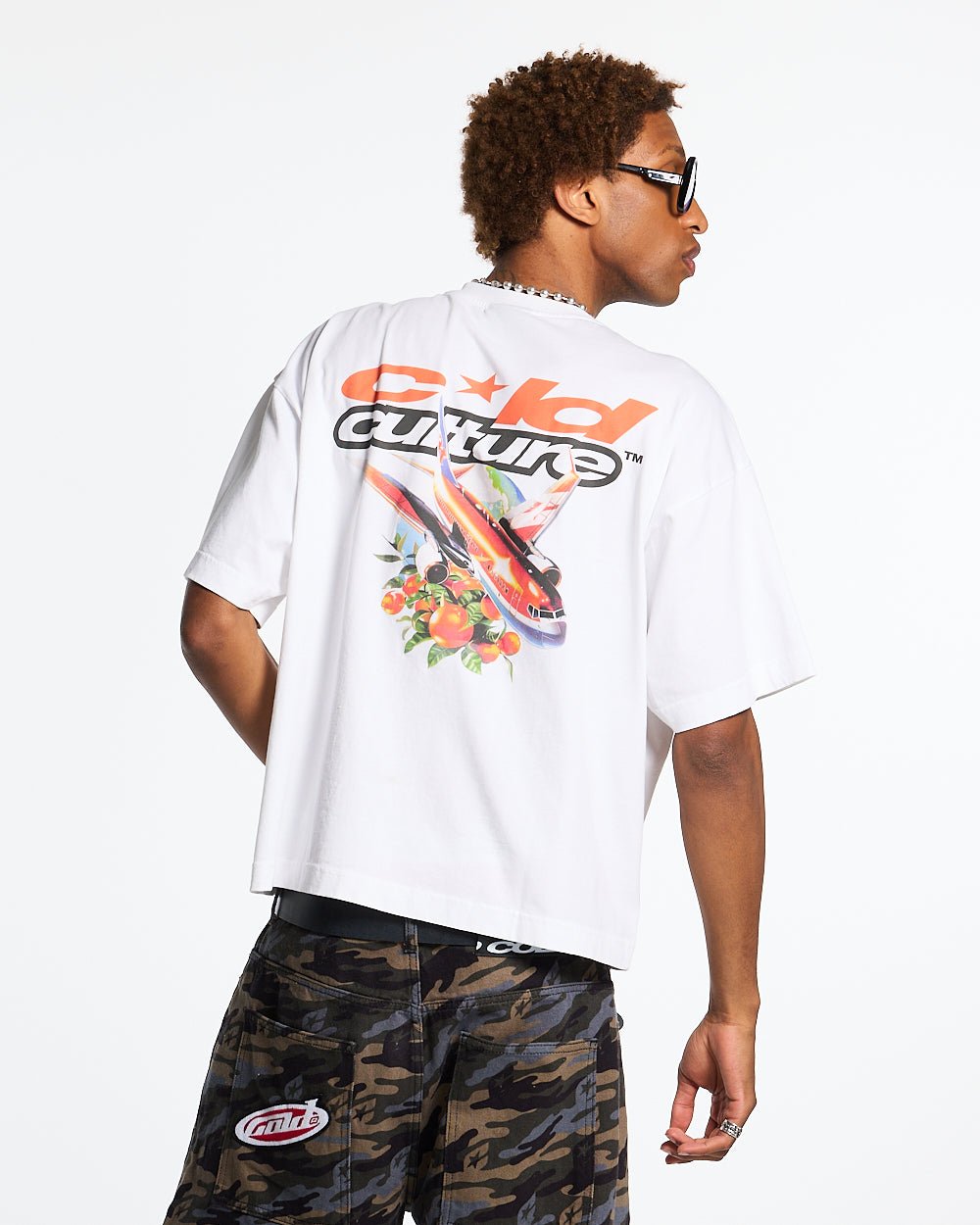 FLIGHT PATH TEE WHITE - white graphic print tee, back view on male model - Cold Culture #man