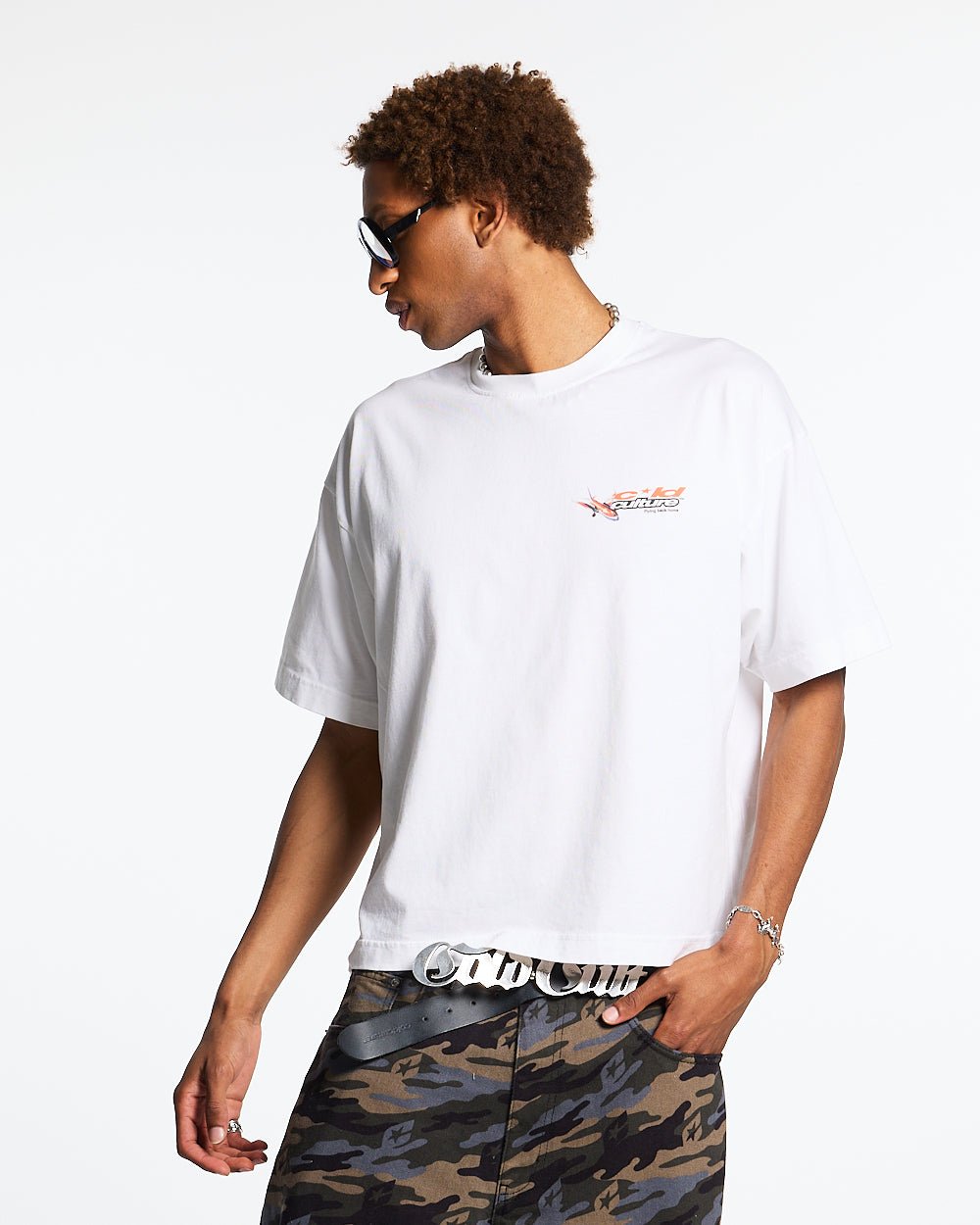 FLIGHT PATH TEE WHITE - white graphic print tee, front view on male model - Cold Culture #man