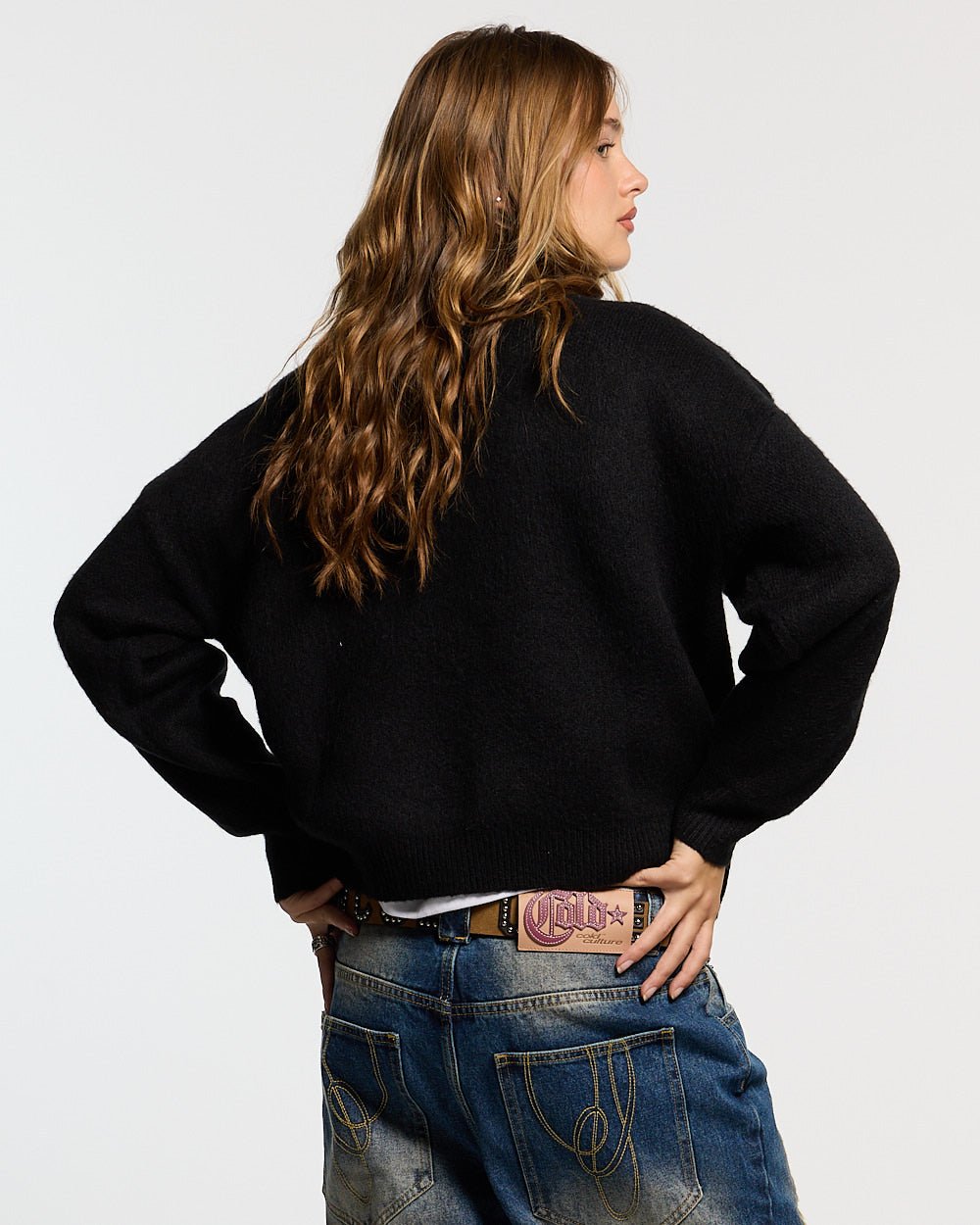 FLUFFY FUR KNIT BLACK - black fuzzy knit sweater, back view on female model - Cold Culture #woman