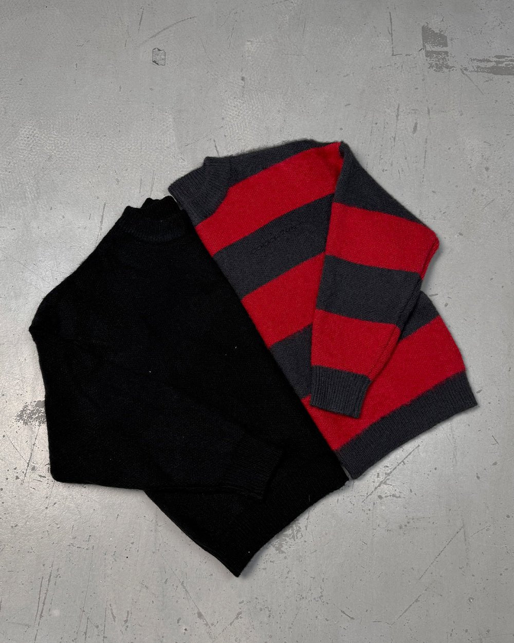 FLUFFY FUR KNIT BLACK - black fuzzy knit sweater, flat lay with matching pieces - Cold Culture