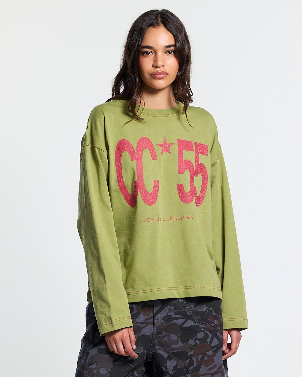 FLYING FREE LONGSLEEVE GREEN - green graphic print longsleeve tee, front view on female model - Cold Culture #woman
