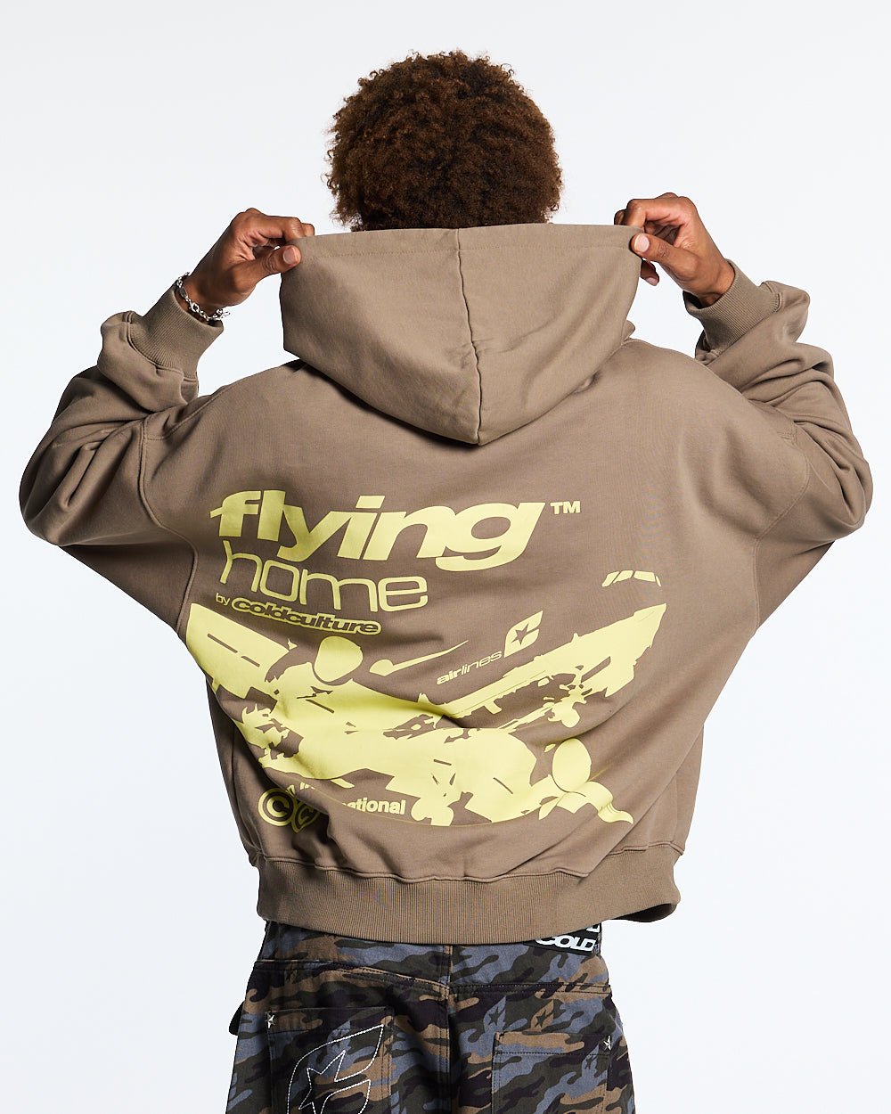 FLYING HOME HOODIE WALNUT BROWN - walnut brown graphic print hoodie, back view on male model - Cold Culture