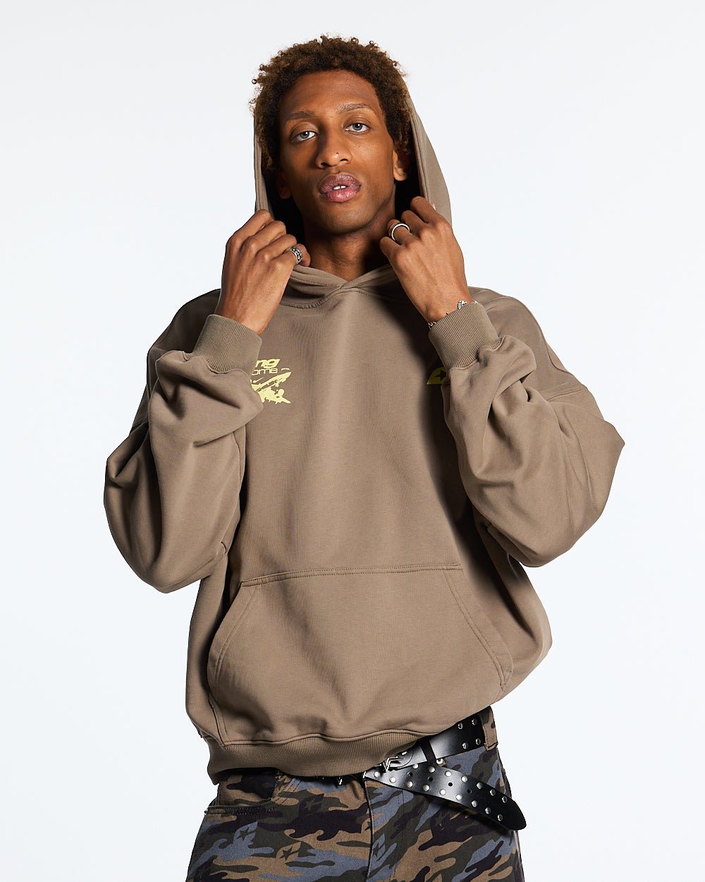 FLYING HOME HOODIE WALNUT BROWN - walnut brown graphic print hoodie, front view on male model - Cold Culture #man