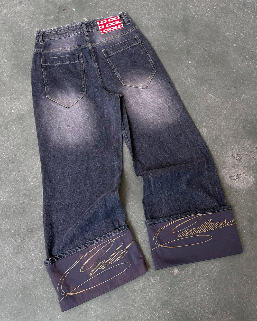 FOLDED V3 PANTS DARK GREY DENIM - dark grey washed denim pants, flat lay - Cold Culture