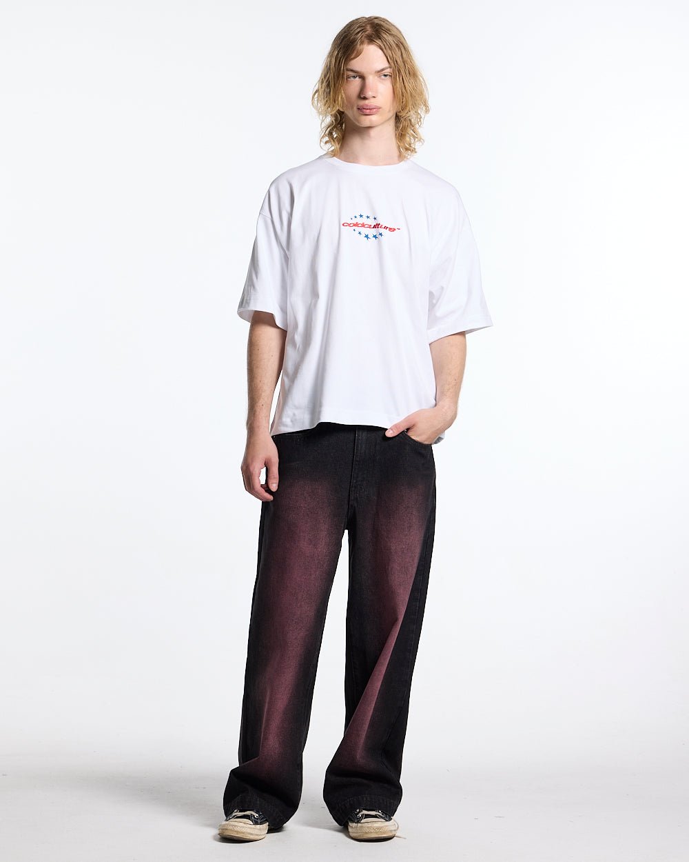 FOURTH OF JULY TEE WHITE - white oversized graphic tee, front view on male model - Cold Culture #man