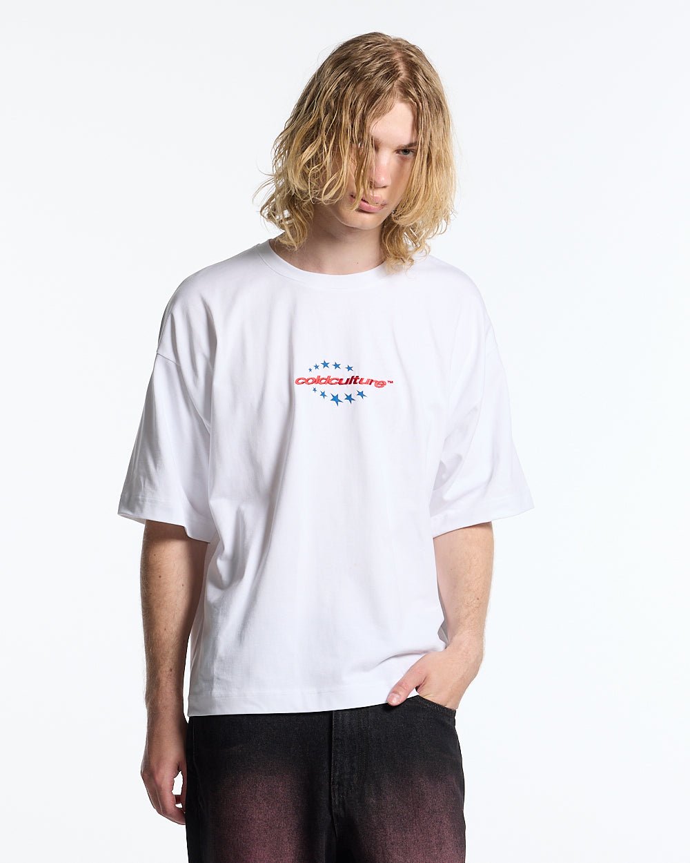 FOURTH OF JULY TEE WHITE - white oversized graphic tee, front view on male model - Cold Culture #man