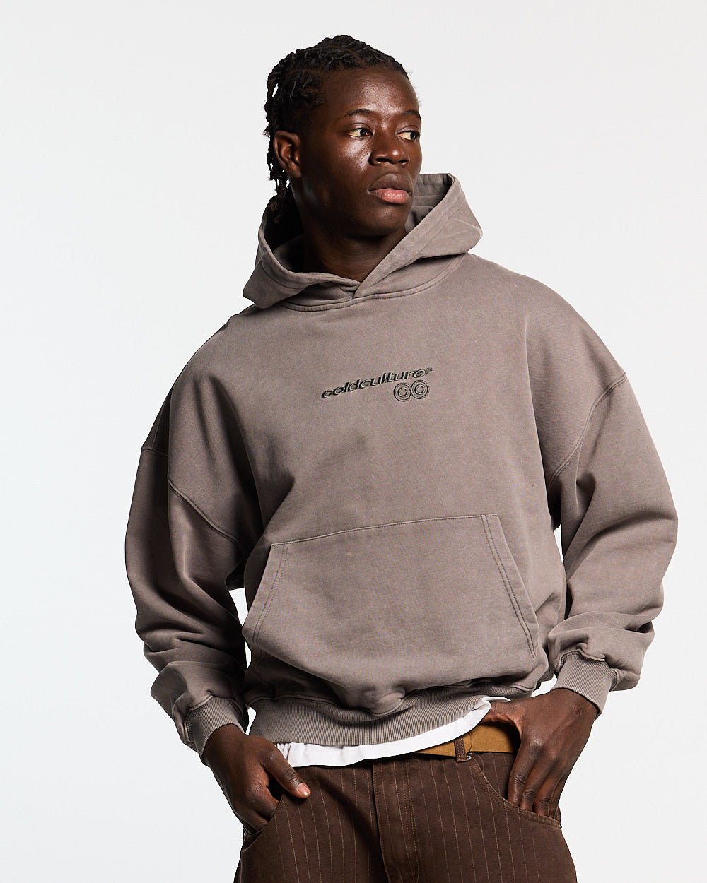 FROM COLD TO THE STARS HOODIE GREY - washed grey hoodie, front view on male model - Cold Culture #man