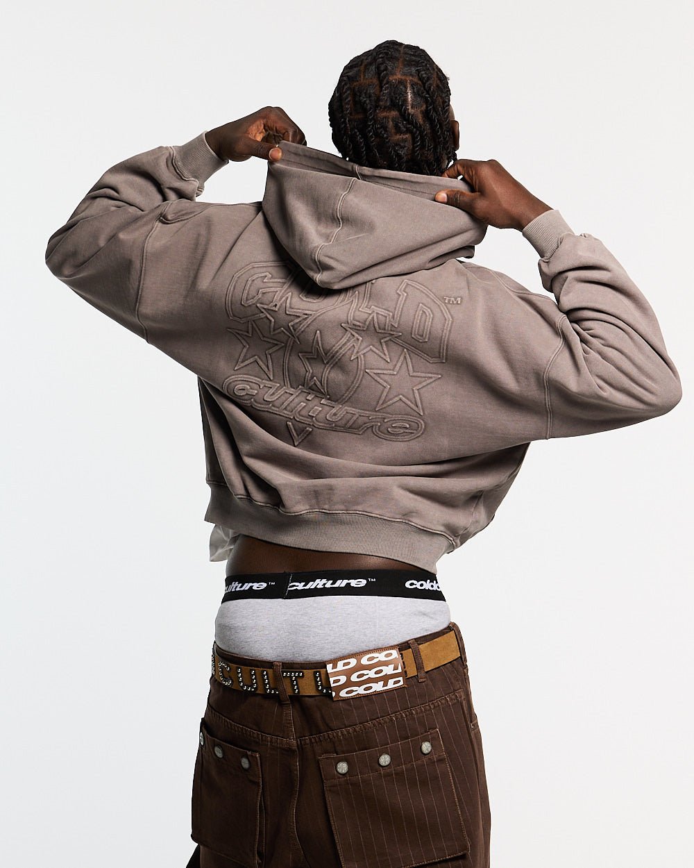 FROM COLD TO THE STARS HOODIE GREY - washed grey hoodie, back view on male model - Cold Culture