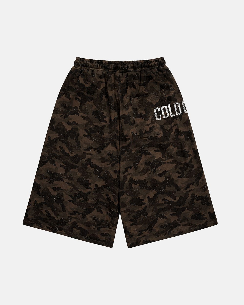 FRONT LINE JORTS GREEN - green camo shorts, back view - Cold Culture #packshot