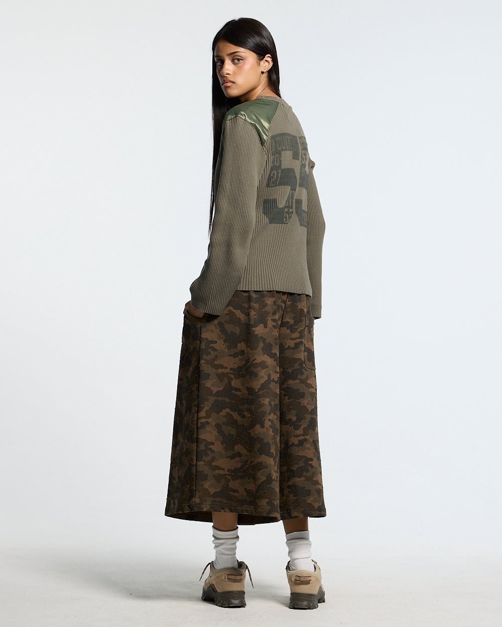FRONT LINE JORTS GREEN - green camo shorts, back view on female model - Cold Culture #woman