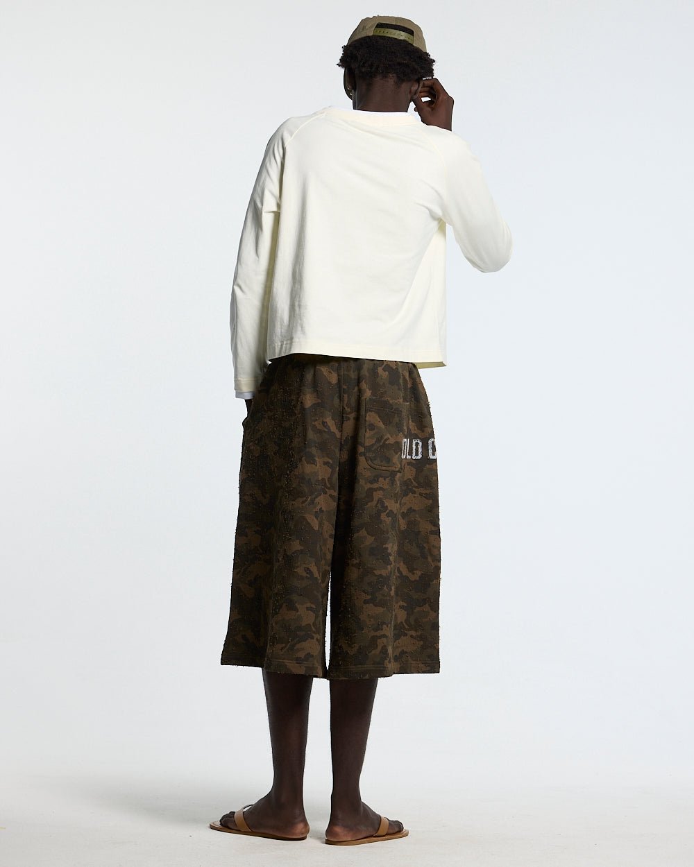 FRONT LINE JORTS GREEN - green camo shorts, back view on male model - Cold Culture #man