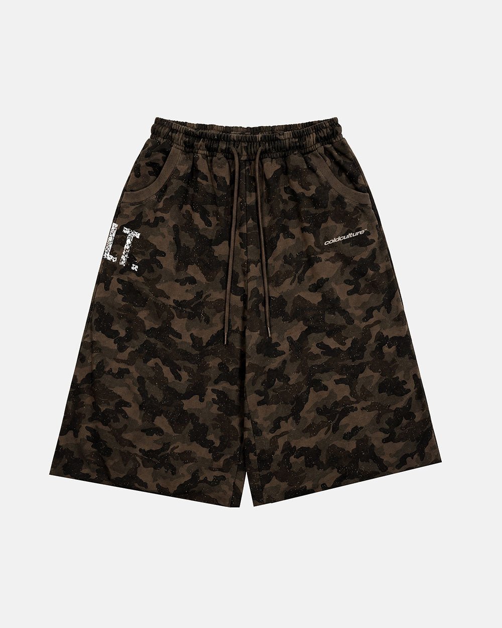 FRONT LINE JORTS GREEN - green camo shorts, front view - Cold Culture #packshot