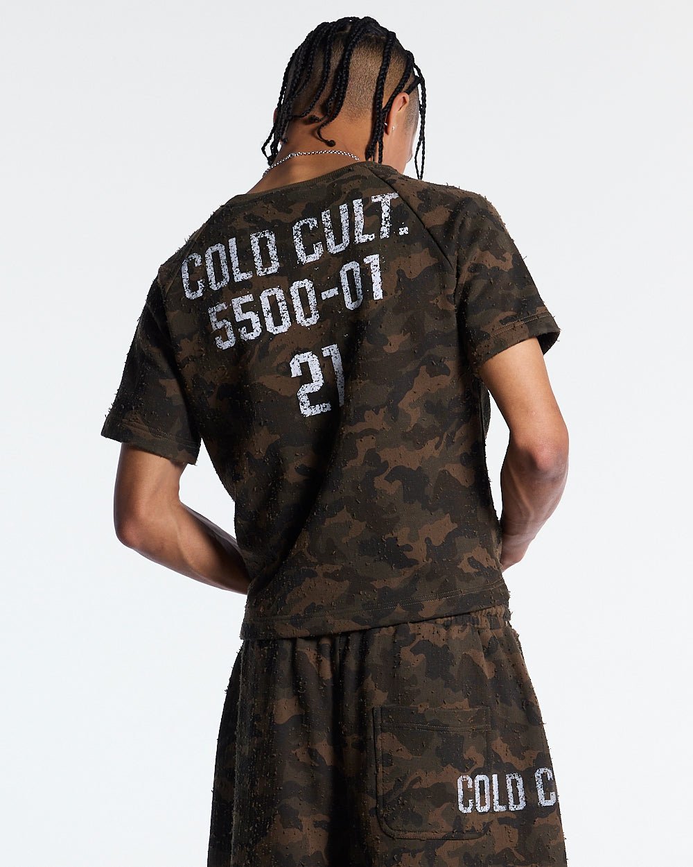 FRONT LINE TEE GREEN - olive camo tee, back view on male model - Cold Culture #man