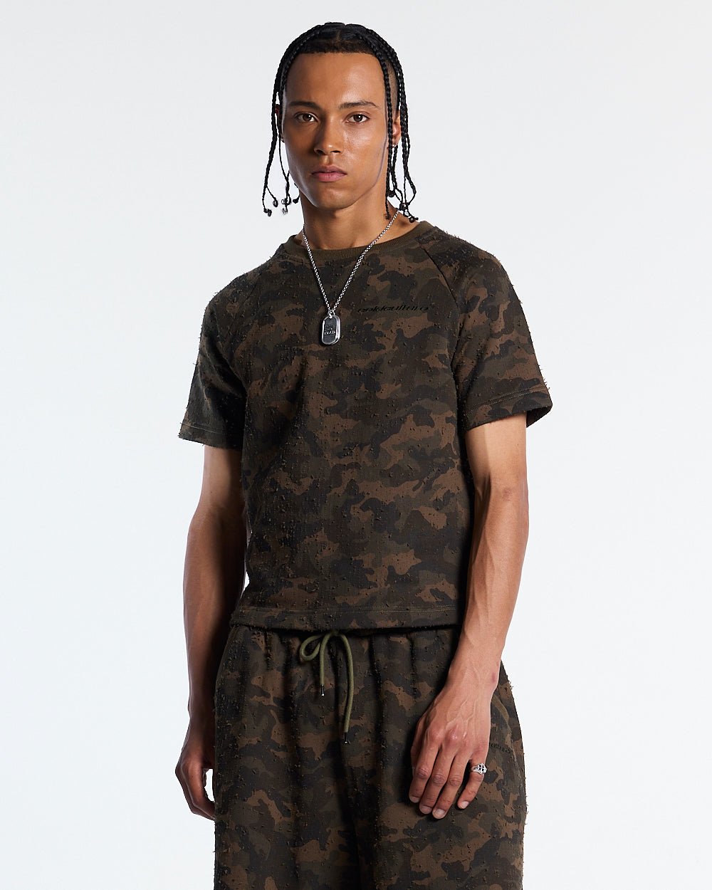 FRONT LINE TEE GREEN - olive camo tee, front view on male model - Cold Culture #man
