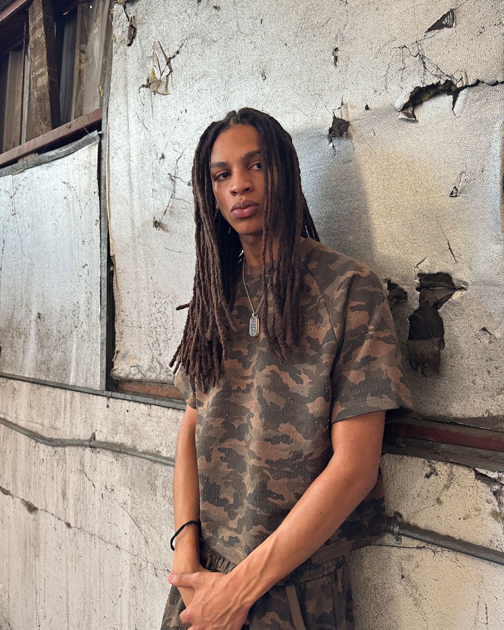FRONT LINE TEE GREEN - olive camo tee, front view on male model - Cold Culture