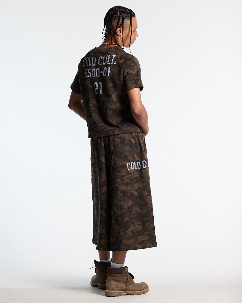 FRONT LINE TEE GREEN - olive camo tee, back view on male model - Cold Culture #man
