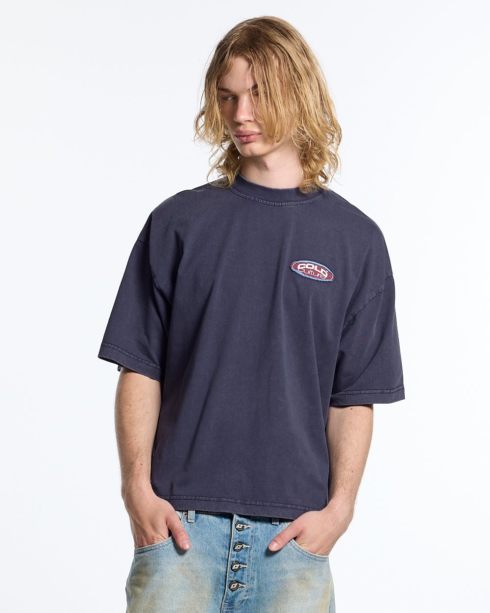 FULL ON WASHED TEE BLUE - washed navy blue tee, front view on male model - Cold Culture #man