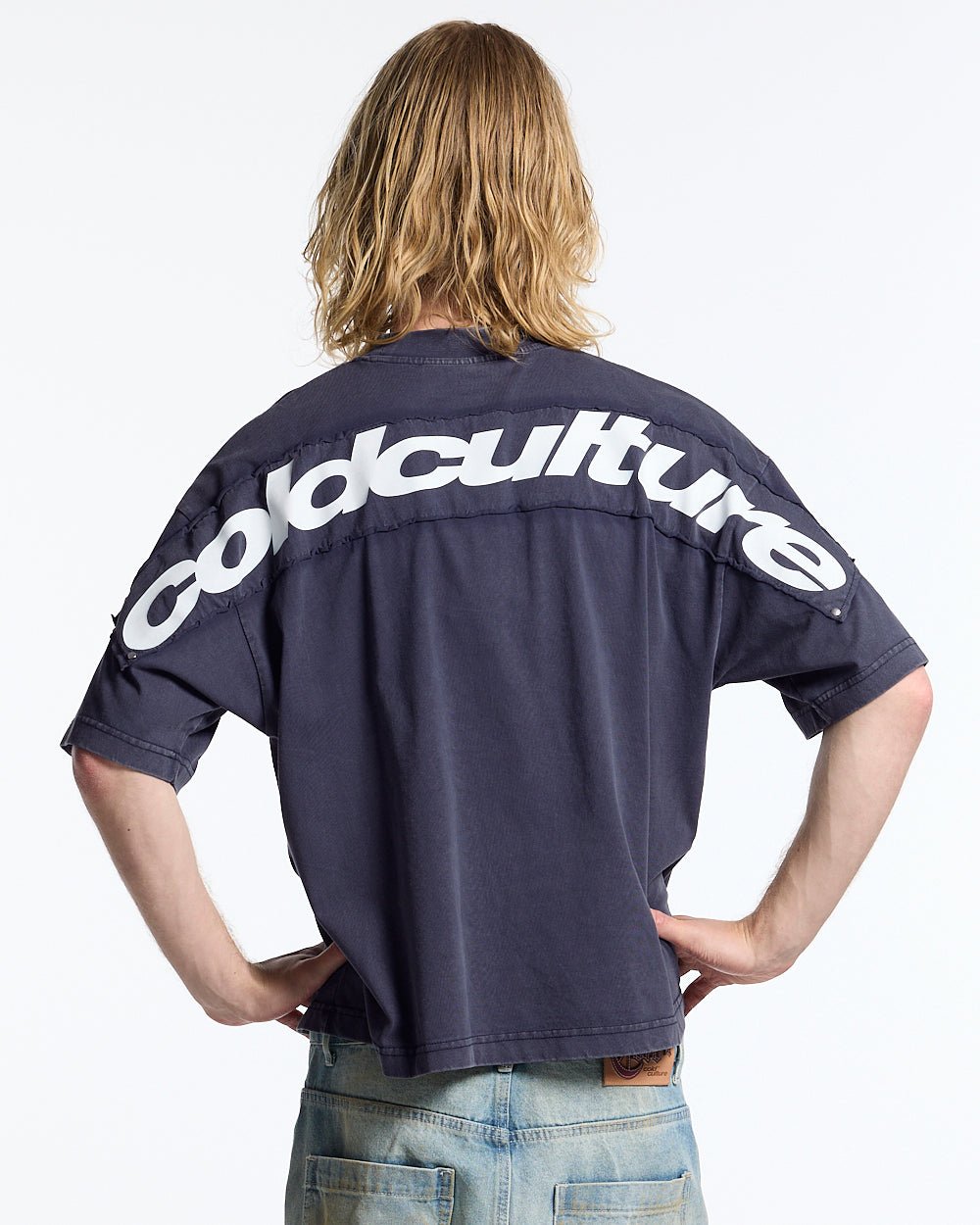 FULL ON WASHED TEE BLUE - washed navy blue tee, back view on male model - Cold Culture #man