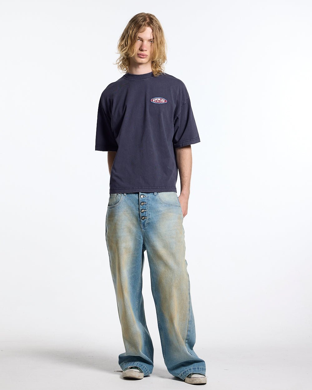 FULL ON WASHED TEE BLUE - washed navy blue tee, front view on male model - Cold Culture #man