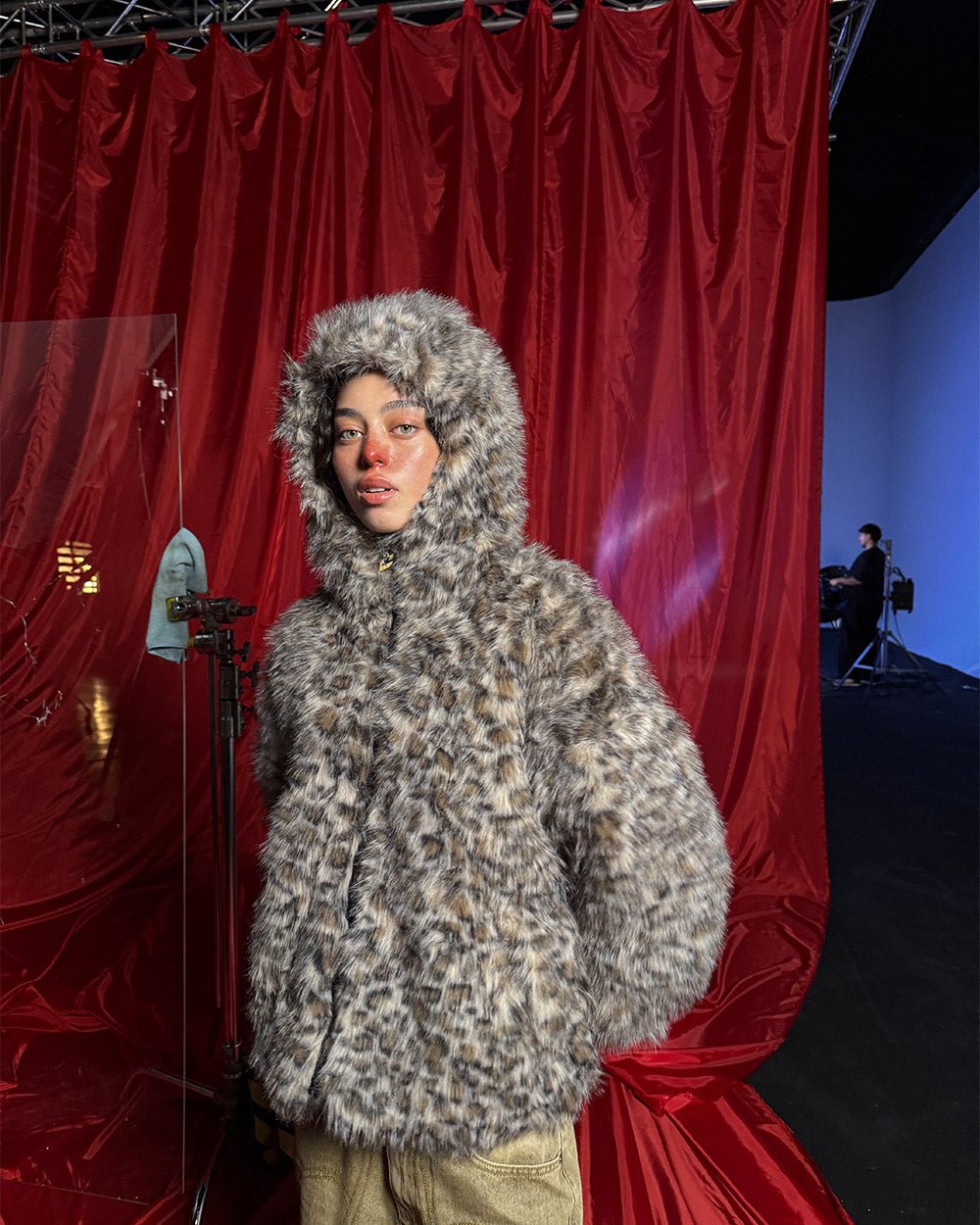 FUR HOODIE BROWN LEOPARD - brown leopard faux fur jacket, front view on female model - Cold Culture #woman