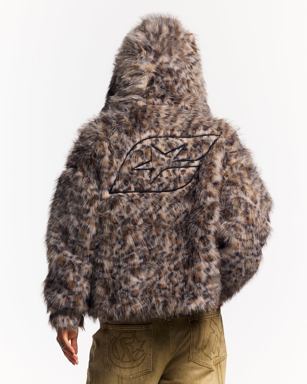 FUR HOODIE BROWN LEOPARD - brown leopard faux fur jacket, back view on female model - Cold Culture #woman