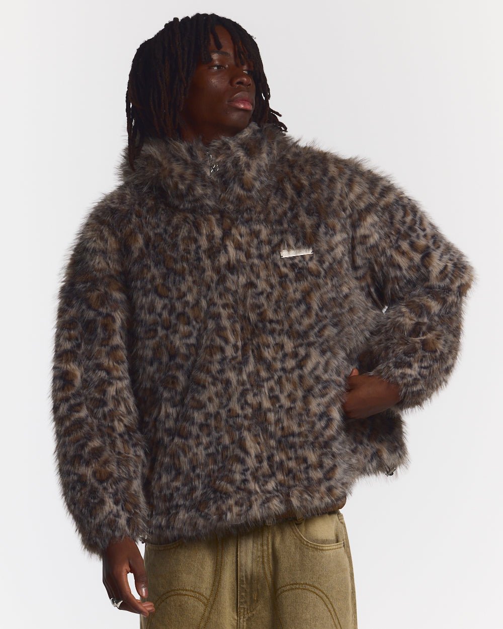 FUR HOODIE BROWN LEOPARD - brown leopard faux fur jacket, front view on male model - Cold Culture #man