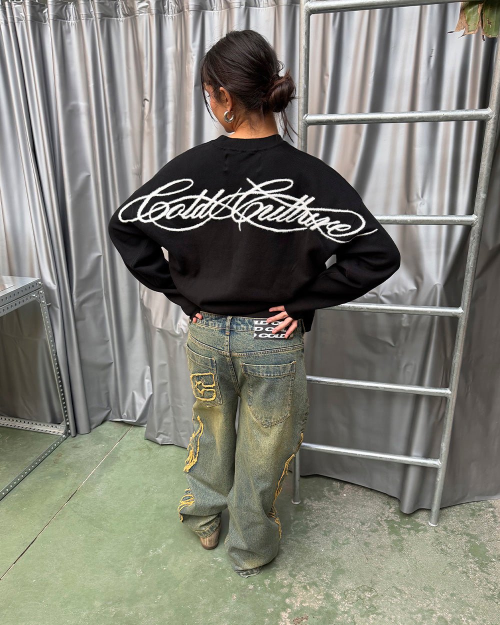 FURRY SCRIPT KNIT BLACK - black fuzzy script knit sweater, street style shot - Cold Culture #woman