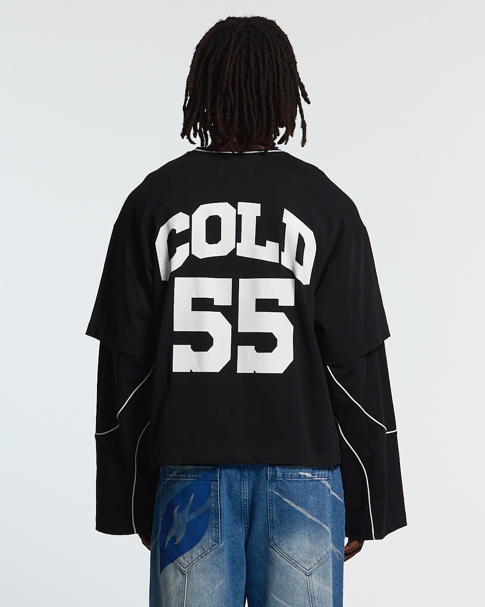 GAME ON LONGSLEEVE BLACK - black graphic print longsleeve tee, back view on male model - Cold Culture #man
