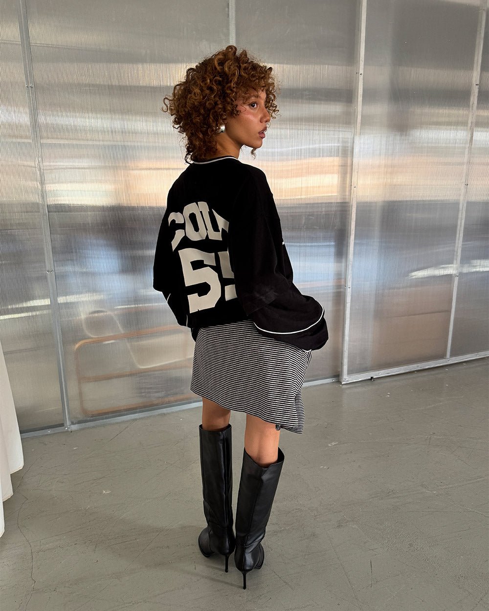 GAME ON LONGSLEEVE BLACK - black graphic print longsleeve tee, back view on female model - Cold Culture #woman