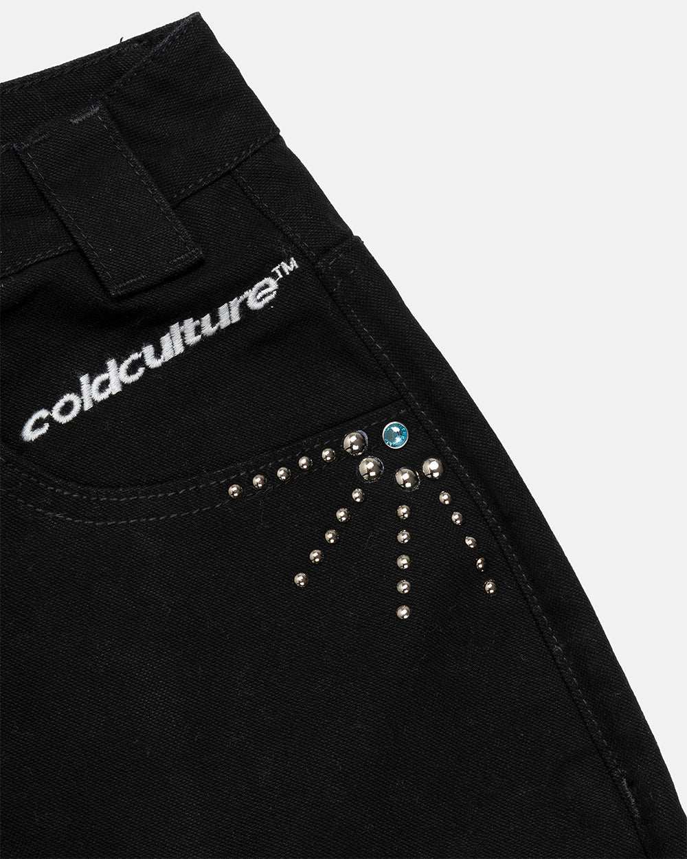 GEM V2 SHORTS BLACK - black studded denim shorts, detail close-up - Cold Culture