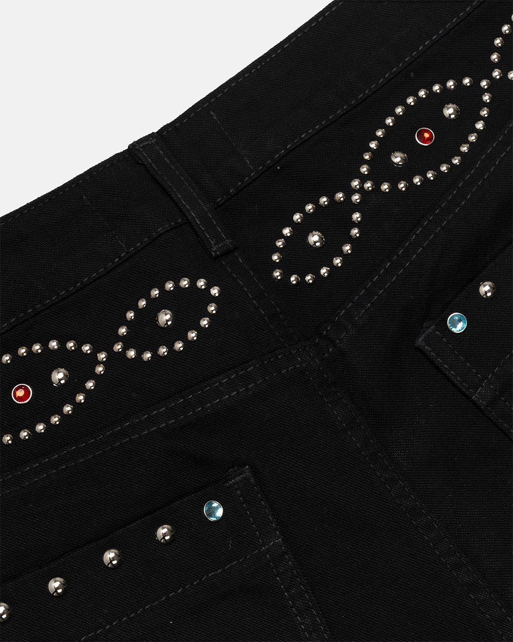 GEM V2 SHORTS BLACK - black studded denim shorts, detail close-up - Cold Culture
