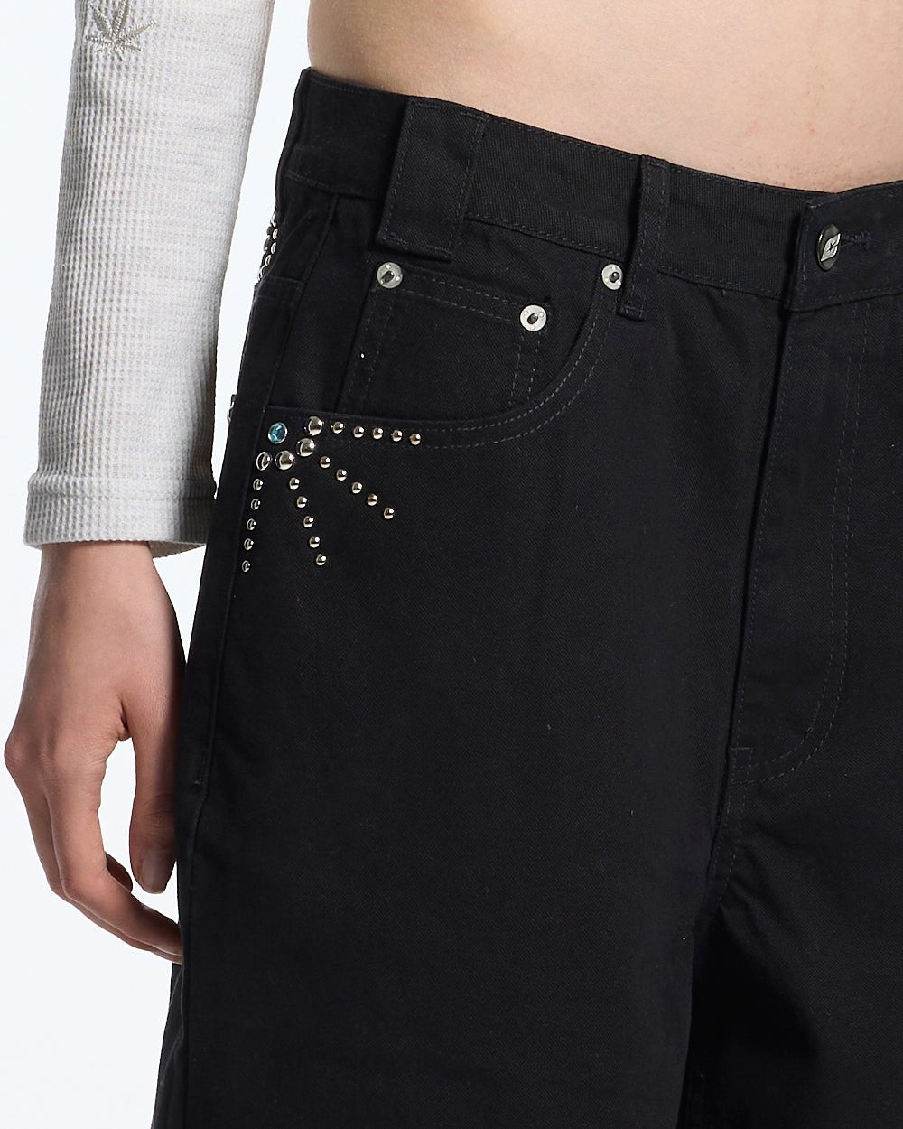 GEM V2 SHORTS BLACK - black studded denim shorts, worn detail - Cold Culture
