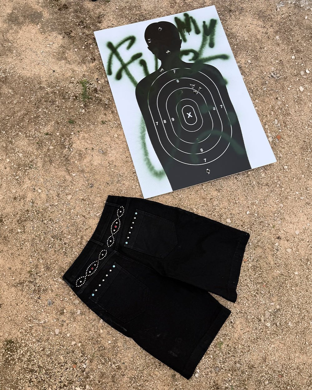 GEM V2 SHORTS BLACK - black studded denim shorts, flat lay - Cold Culture