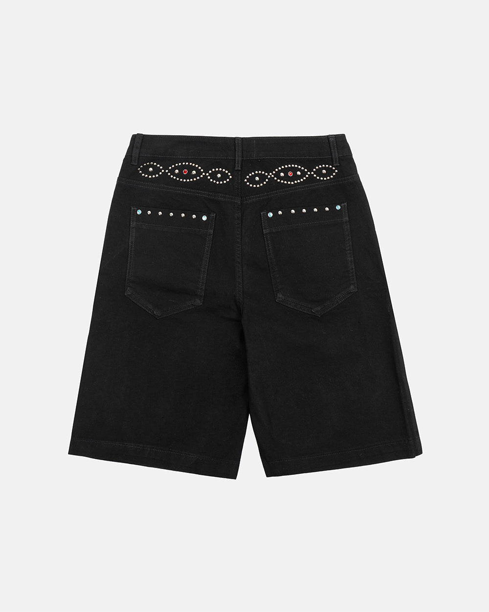 GEM V2 SHORTS BLACK - black studded denim shorts, back view - Cold Culture #packshot