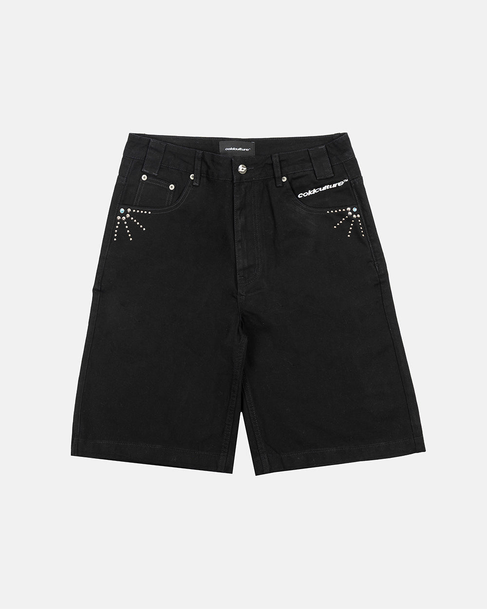 GEM V2 SHORTS BLACK - black studded denim shorts, front view - Cold Culture #packshot