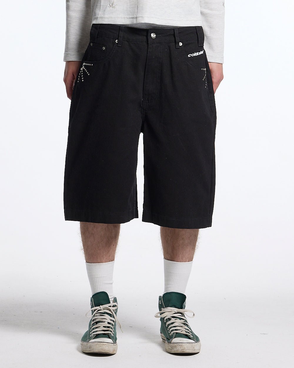 GEM V2 SHORTS BLACK - black studded denim shorts, front view on male model - Cold Culture