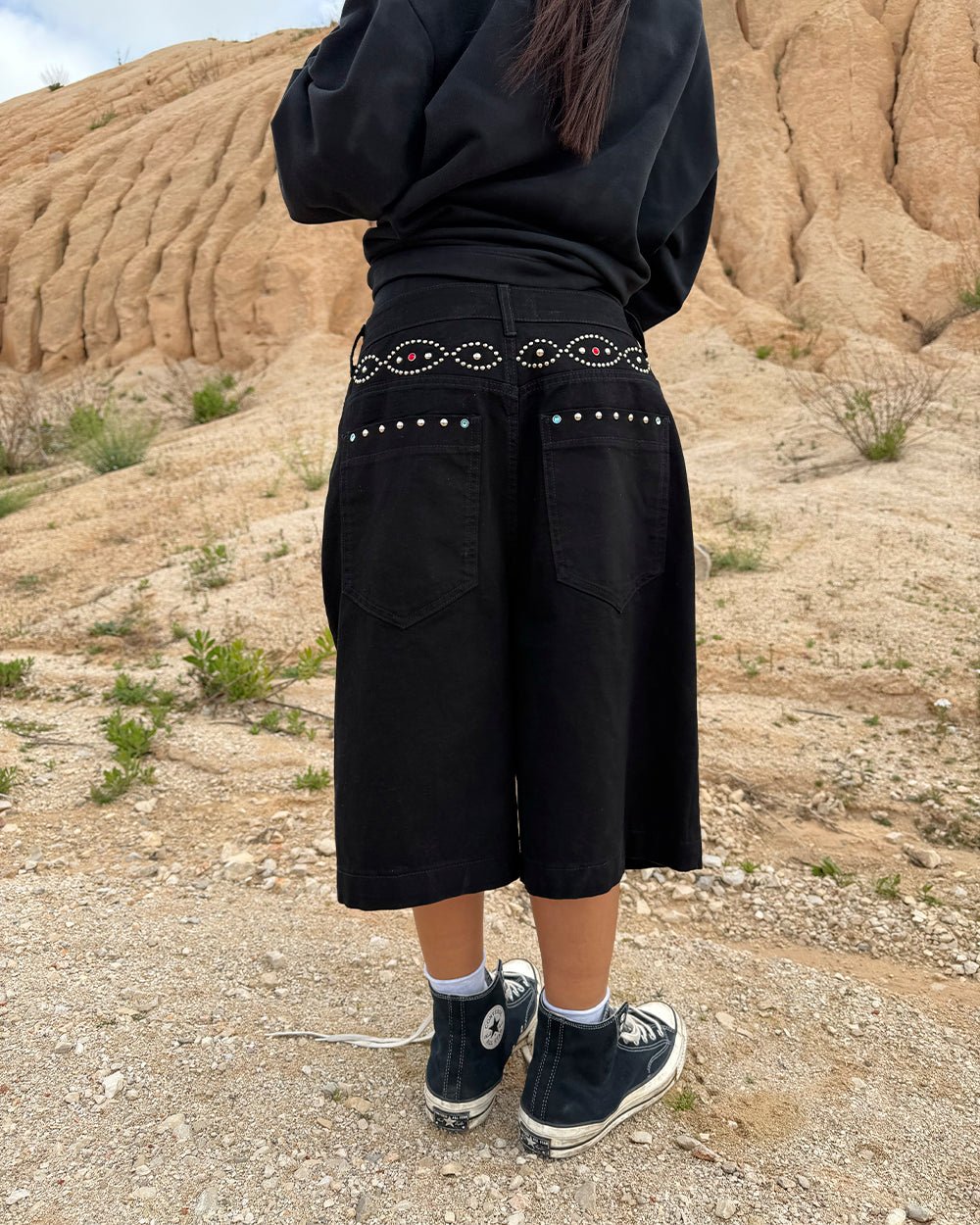 GEM V2 SHORTS BLACK - black studded denim shorts, worn detail - Cold Culture