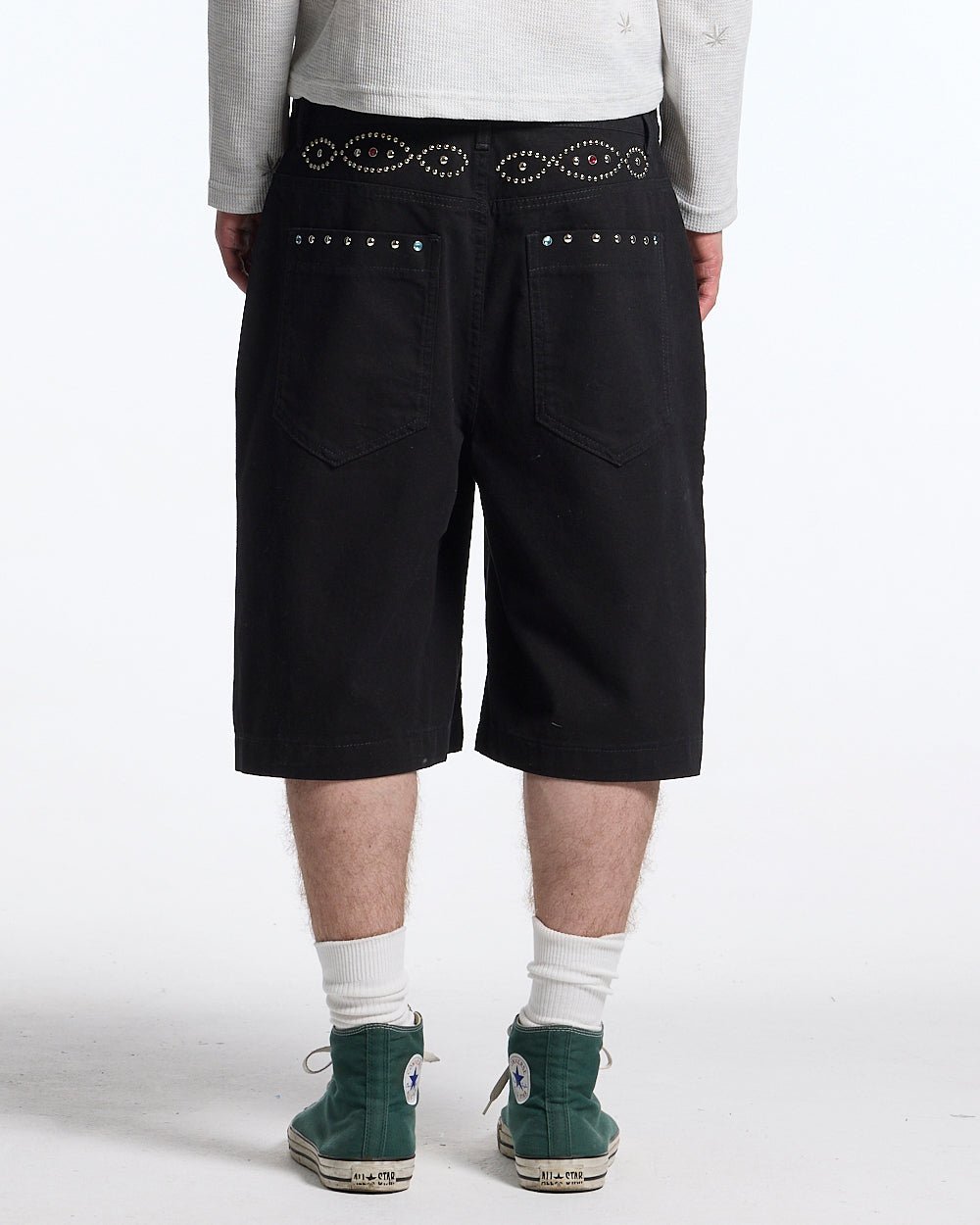 GEM V2 SHORTS BLACK - black studded denim shorts, back view on male model - Cold Culture