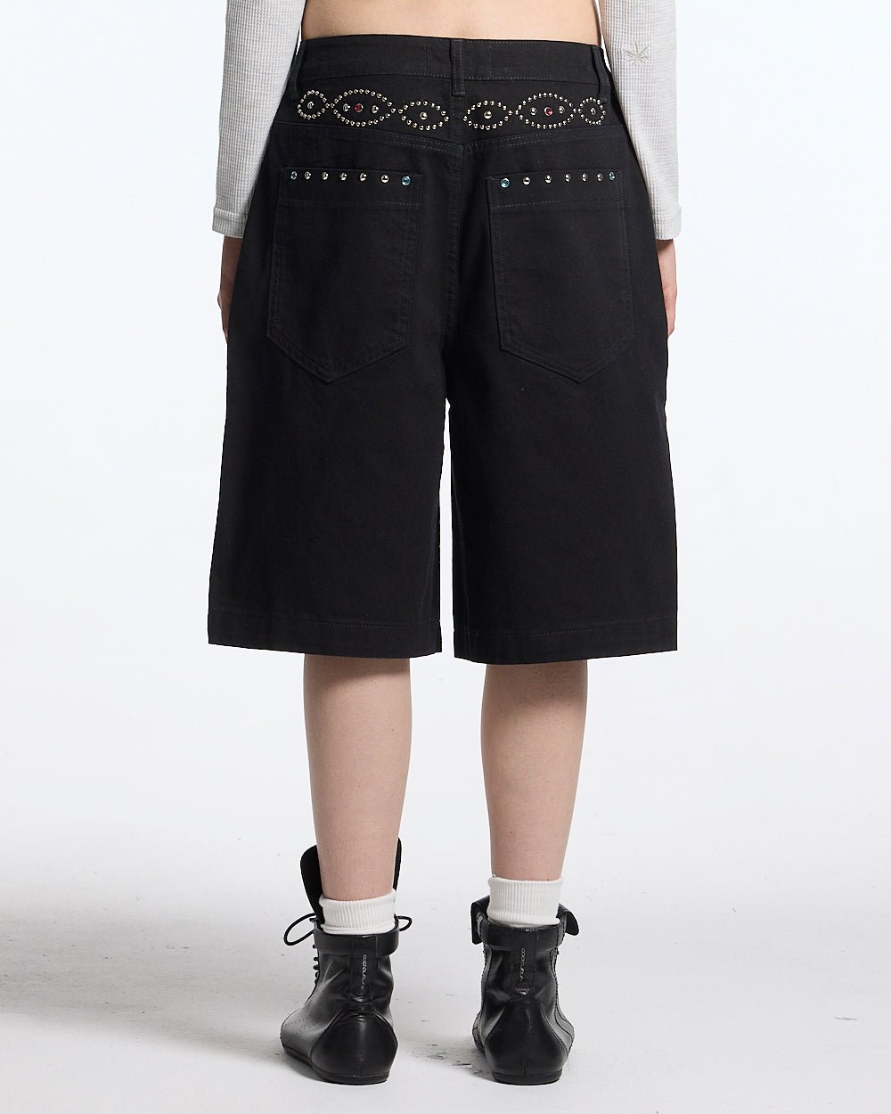 GEM V2 SHORTS BLACK - black studded denim shorts, back view on female model - Cold Culture #woman