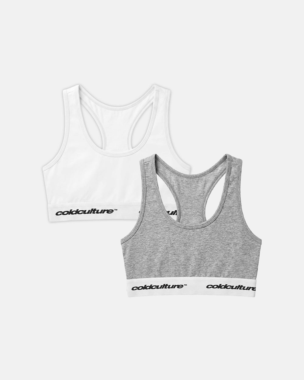 GIRLS CLUB BRA PACK WHITE AND GREY - white and grey bralette two-pack, flat lay with matching pieces - Cold Culture #packshot
