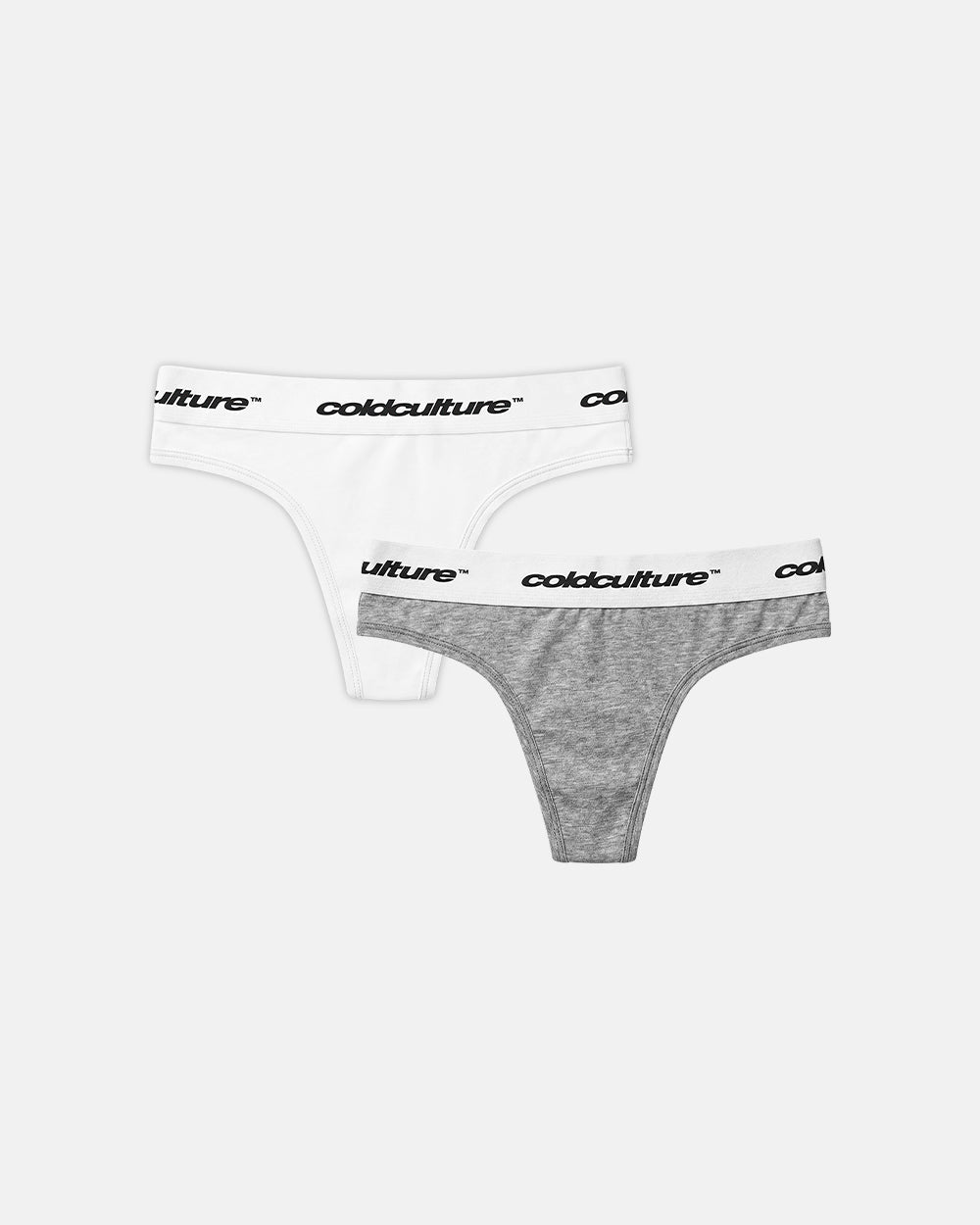 GIRLS CLUB THONG PACK WHITE AND GREY - white and grey thong two-pack, flat lay with matching pieces - Cold Culture #packshot