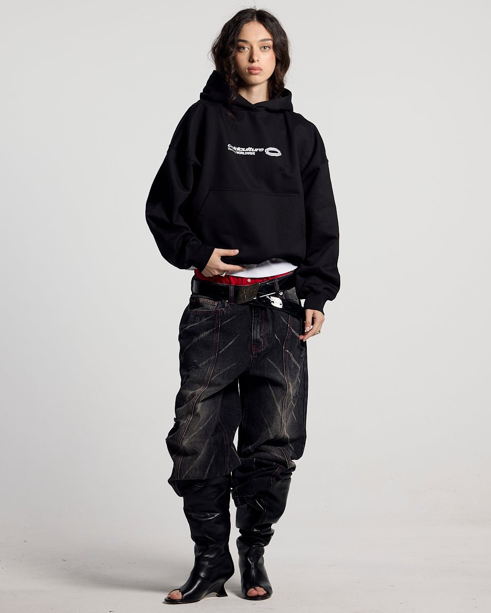 GLITTER HOODIE BLACK - black graphic print hoodie, front view on female model - Cold Culture #woman