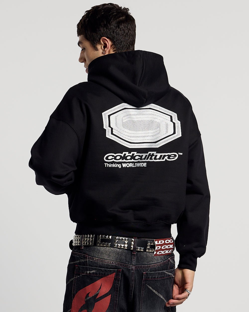 GLITTER HOODIE BLACK - black graphic print hoodie, back view on male model - Cold Culture #man