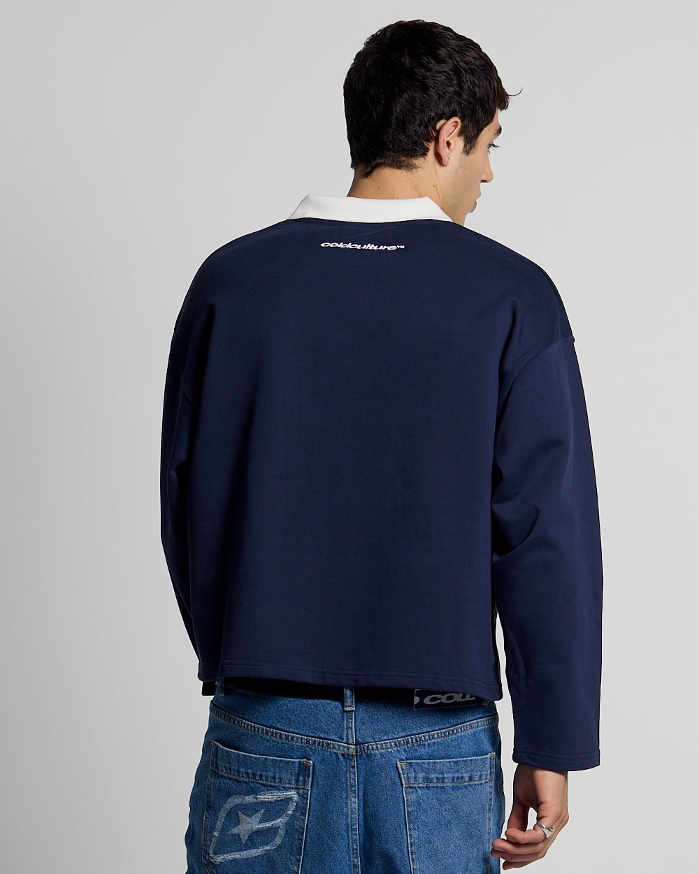 GOOD BOY POLO DARK BLUE - navy graphic longsleeve polo shirt, back view on male model - Cold Culture #man