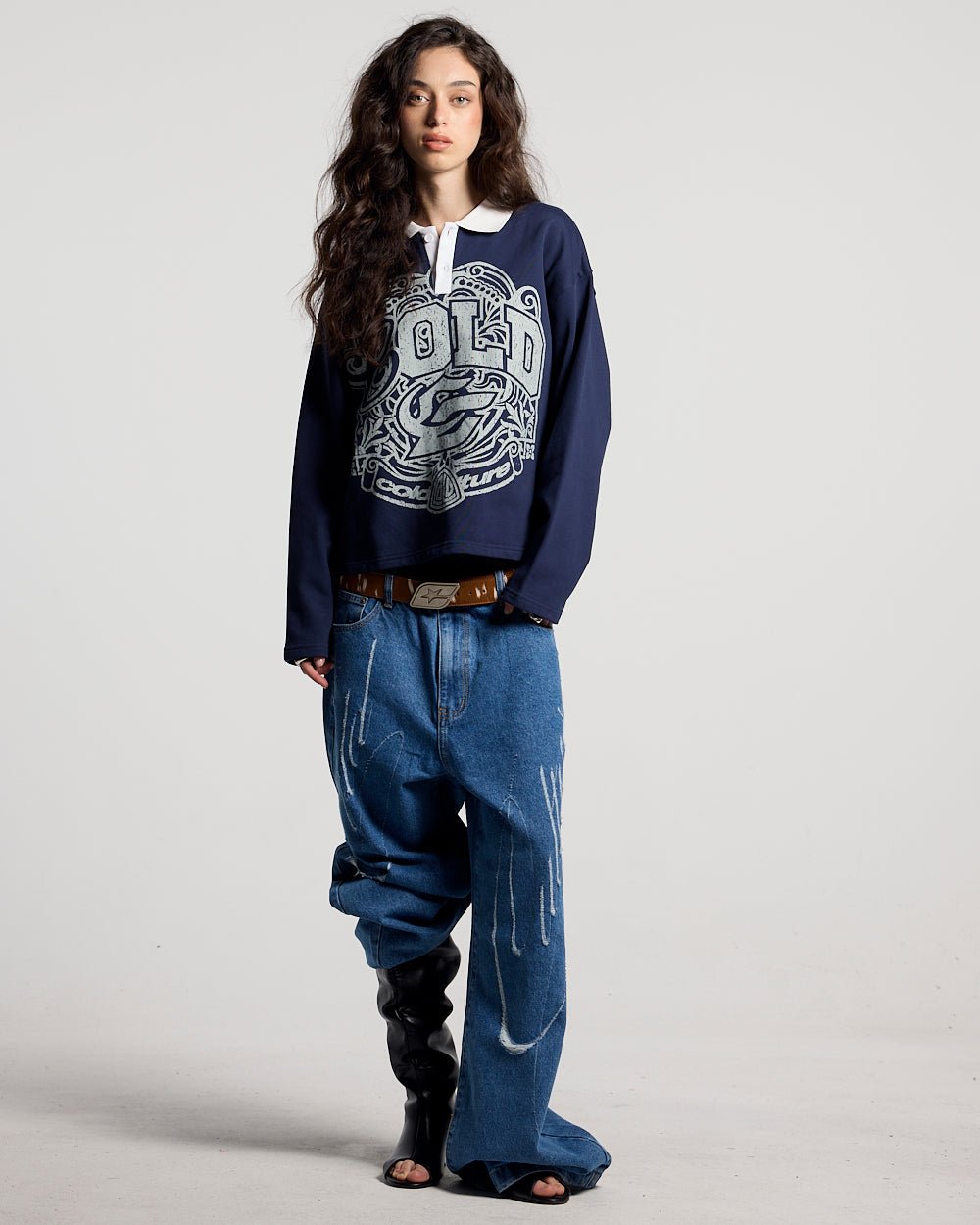 GOOD BOY POLO DARK BLUE - navy graphic longsleeve polo shirt, front view on female model - Cold Culture #woman