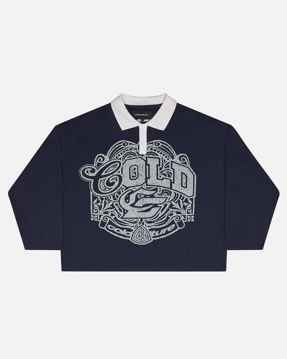 GOOD BOY POLO DARK BLUE - navy graphic longsleeve polo shirt, front view - Cold Culture #packshot