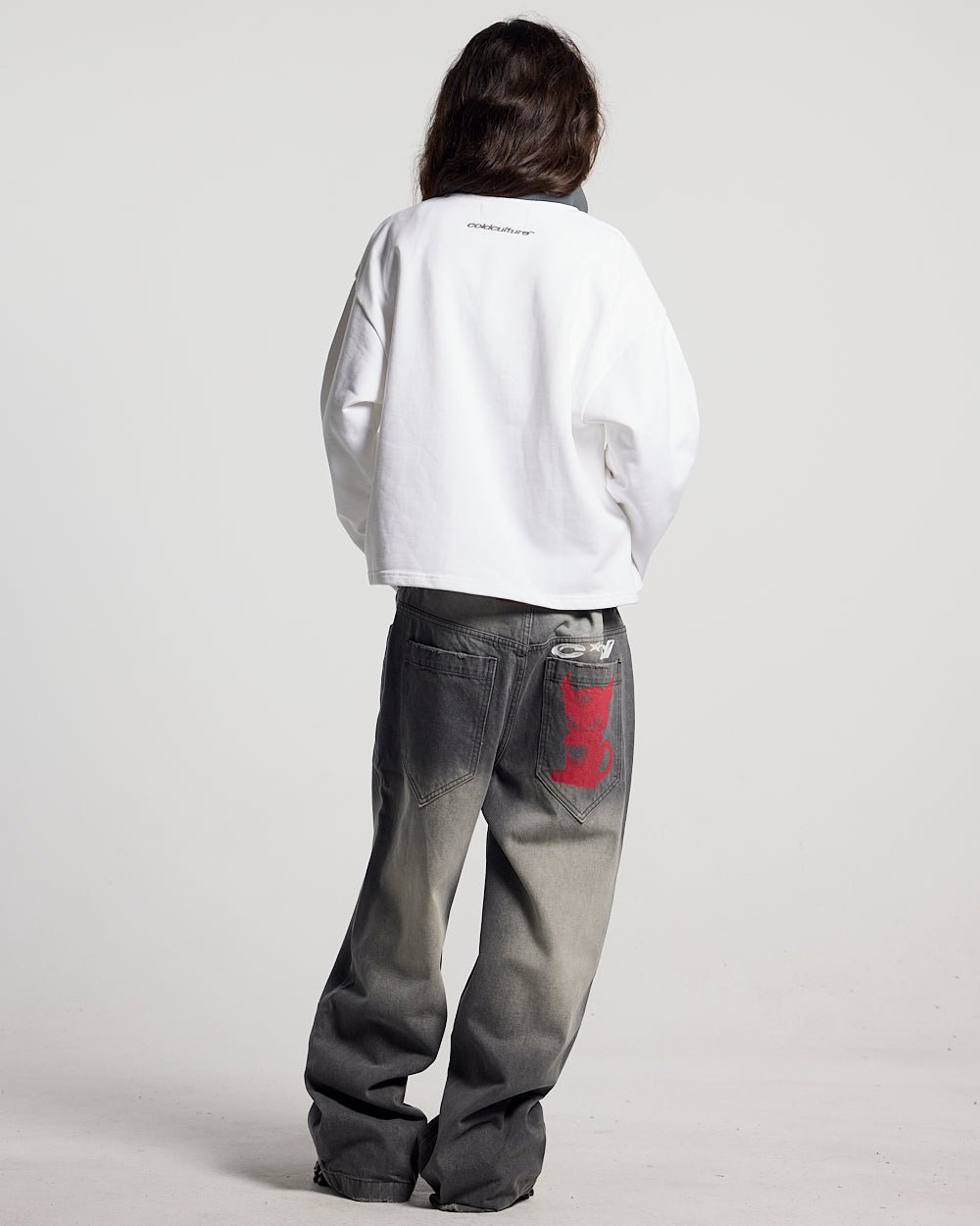 GOOD BOY POLO WHITE - white graphic longsleeve polo shirt, back view on female model - Cold Culture #woman
