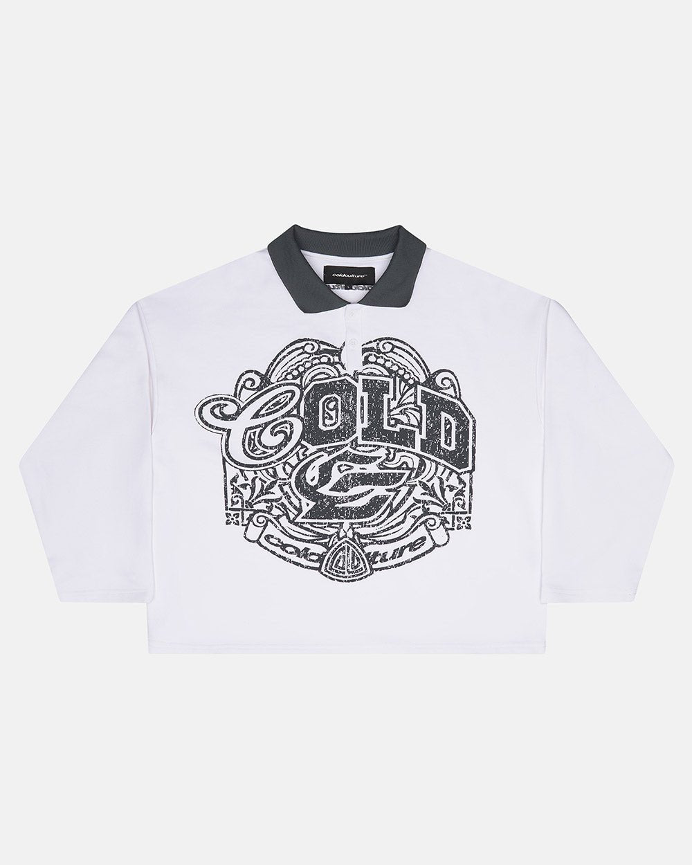 GOOD BOY POLO WHITE - white graphic longsleeve polo shirt, front view - Cold Culture #packshot