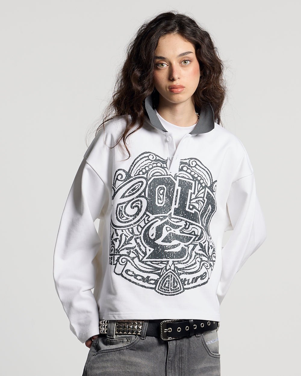 GOOD BOY POLO WHITE - white graphic longsleeve polo shirt, front view on female model - Cold Culture #woman