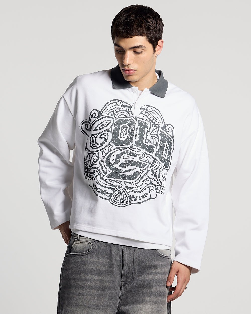 GOOD BOY POLO WHITE - white graphic longsleeve polo shirt, front view on male model - Cold Culture #man